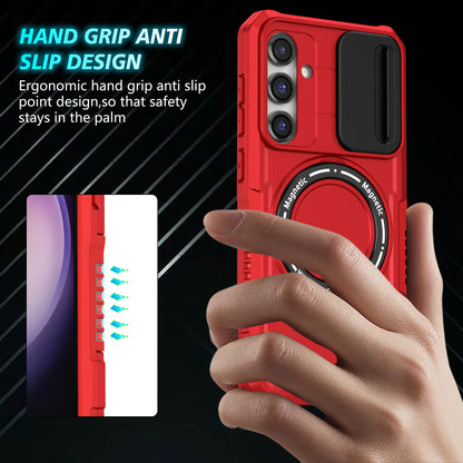 Compatible with MagSafe PC+TPU Case for Samsung Galaxy S23 FE Kickstand Anti-Drop Phone Shell with Sliding Lens Cover