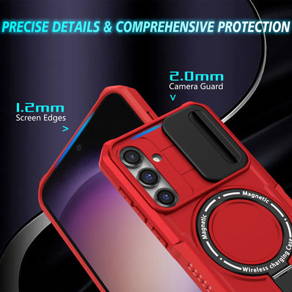 Compatible with MagSafe PC+TPU Case for Samsung Galaxy S23 FE Kickstand Anti-Drop Phone Shell with Sliding Lens Cover
