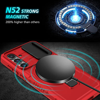 Compatible with MagSafe PC+TPU Case for Samsung Galaxy S23 FE Kickstand Anti-Drop Phone Shell with Sliding Lens Cover