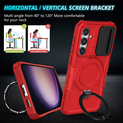 Compatible with MagSafe PC+TPU Case for Samsung Galaxy S23 FE Kickstand Anti-Drop Phone Shell with Sliding Lens Cover