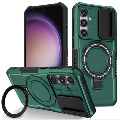 Compatible with MagSafe PC+TPU Case for Samsung Galaxy S23 FE Kickstand Anti-Drop Phone Shell with Sliding Lens Cover