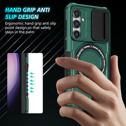 Compatible with MagSafe PC+TPU Case for Samsung Galaxy S23 FE Kickstand Anti-Drop Phone Shell with Sliding Lens Cover
