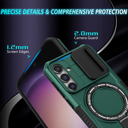 Compatible with MagSafe PC+TPU Case for Samsung Galaxy S23 FE Kickstand Anti-Drop Phone Shell with Sliding Lens Cover