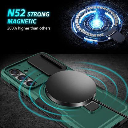Compatible with MagSafe PC+TPU Case for Samsung Galaxy S23 FE Kickstand Anti-Drop Phone Shell with Sliding Lens Cover
