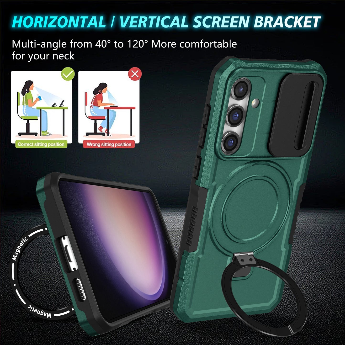 Compatible with MagSafe PC+TPU Case for Samsung Galaxy S23 FE Kickstand Anti-Drop Phone Shell with Sliding Lens Cover