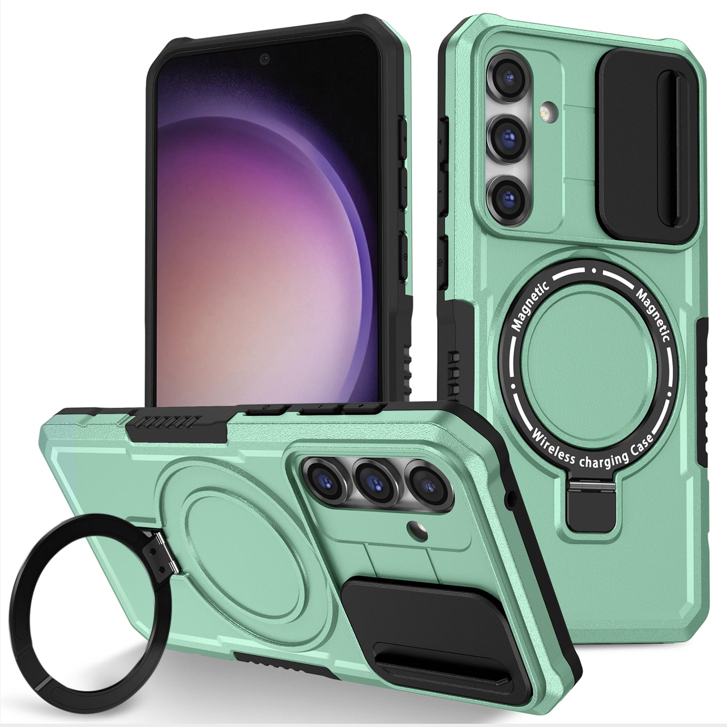 Compatible with MagSafe PC+TPU Case for Samsung Galaxy S23 FE Kickstand Anti-Drop Phone Shell with Sliding Lens Cover