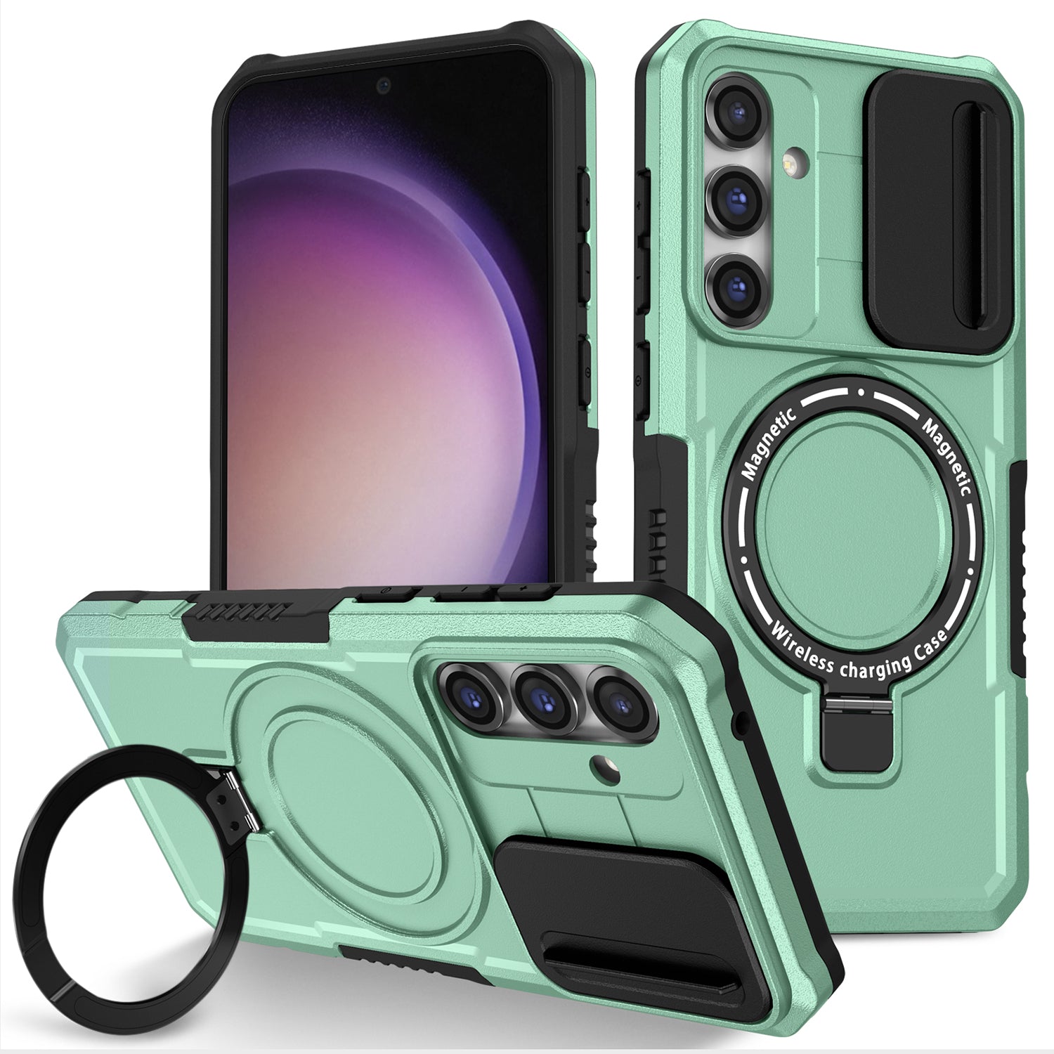 Compatible with MagSafe PC+TPU Case for Samsung Galaxy S23 FE Kickstand Anti-Drop Phone Shell with Sliding Lens Cover