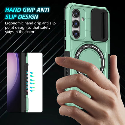 Compatible with MagSafe PC+TPU Case for Samsung Galaxy S23 FE Kickstand Anti-Drop Phone Shell with Sliding Lens Cover