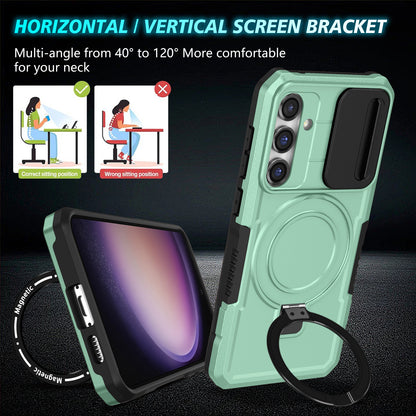 Compatible with MagSafe PC+TPU Case for Samsung Galaxy S23 FE Kickstand Anti-Drop Phone Shell with Sliding Lens Cover