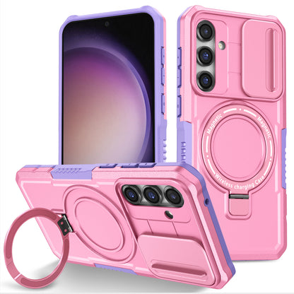 Compatible with MagSafe PC+TPU Case for Samsung Galaxy S23 FE Kickstand Anti-Drop Phone Shell with Sliding Lens Cover