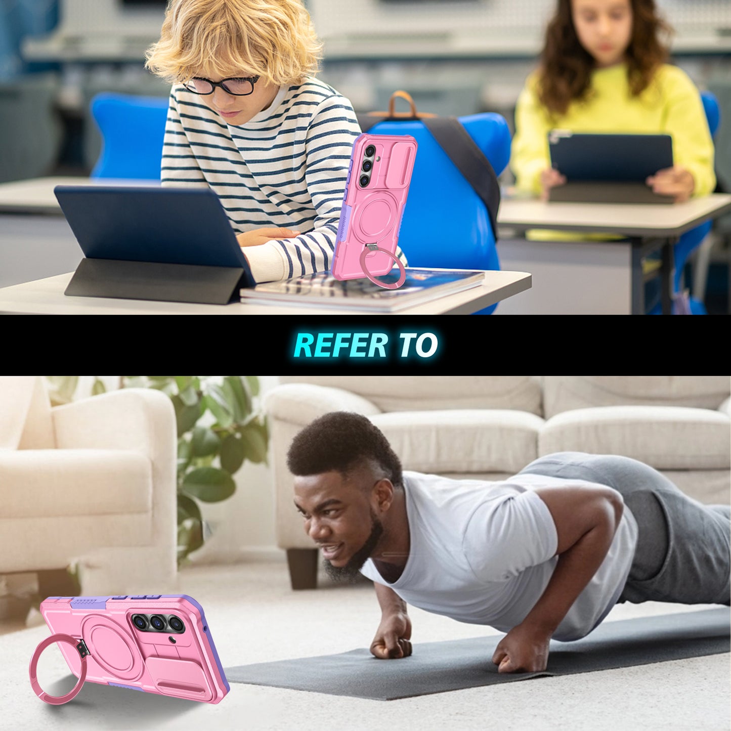 Compatible with MagSafe PC+TPU Case for Samsung Galaxy S23 FE Kickstand Anti-Drop Phone Shell with Sliding Lens Cover