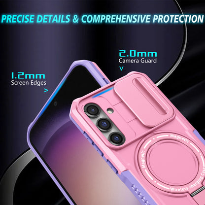 Compatible with MagSafe PC+TPU Case for Samsung Galaxy S23 FE Kickstand Anti-Drop Phone Shell with Sliding Lens Cover