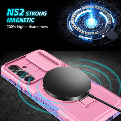 Compatible with MagSafe PC+TPU Case for Samsung Galaxy S23 FE Kickstand Anti-Drop Phone Shell with Sliding Lens Cover