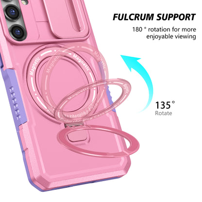 Compatible with MagSafe PC+TPU Case for Samsung Galaxy S23 FE Kickstand Anti-Drop Phone Shell with Sliding Lens Cover