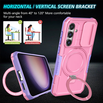 Compatible with MagSafe PC+TPU Case for Samsung Galaxy S23 FE Kickstand Anti-Drop Phone Shell with Sliding Lens Cover