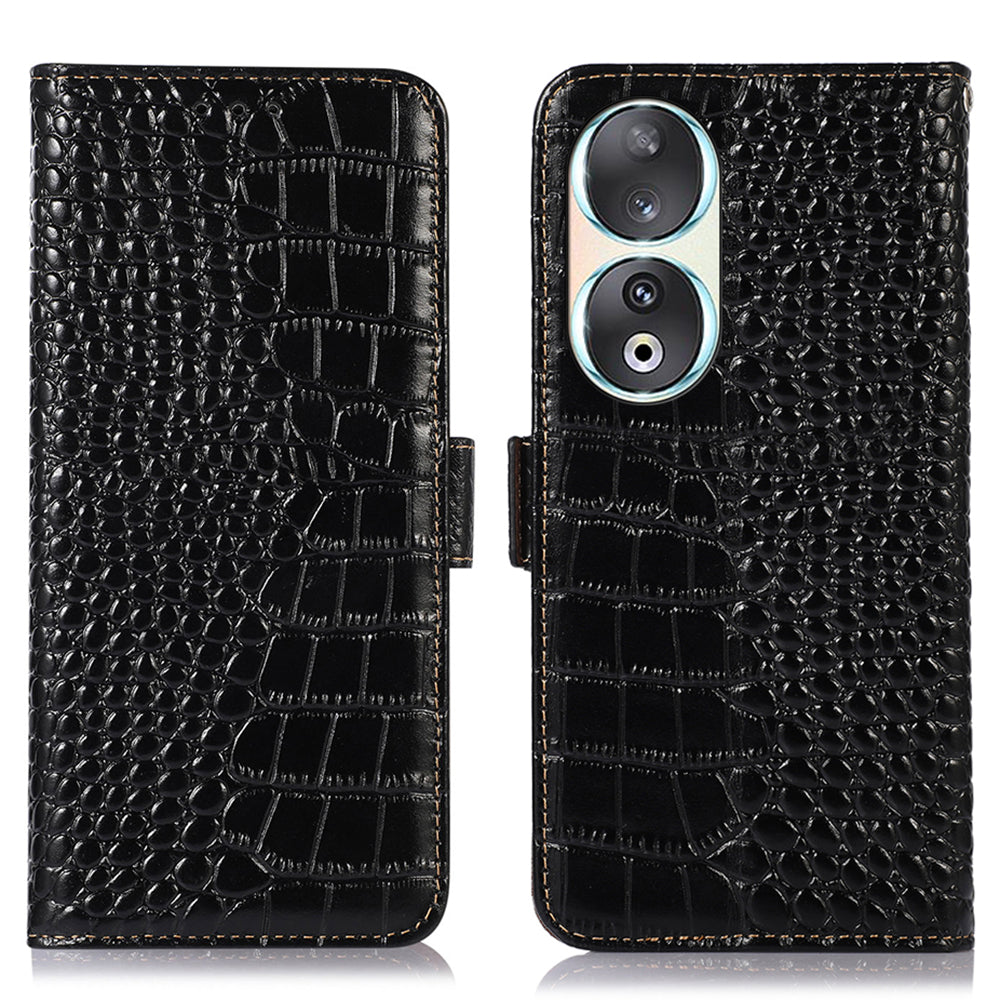 RFID Blocking Case for Honor 90 Genuine Cow Leather Phone Wallet Cover with Stand
