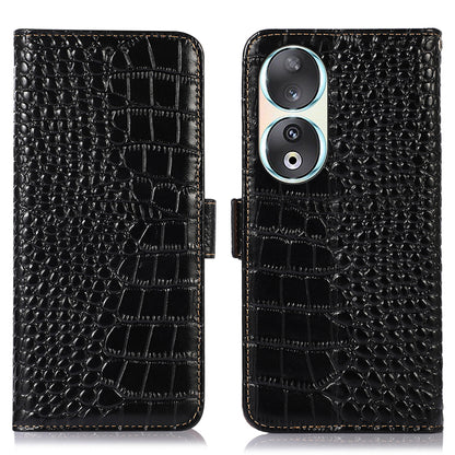 RFID Blocking Case for Honor 90 Genuine Cow Leather Phone Wallet Cover with Stand