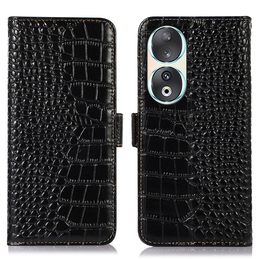 RFID Blocking Case for Honor 90 Genuine Cow Leather Phone Wallet Cover with Stand