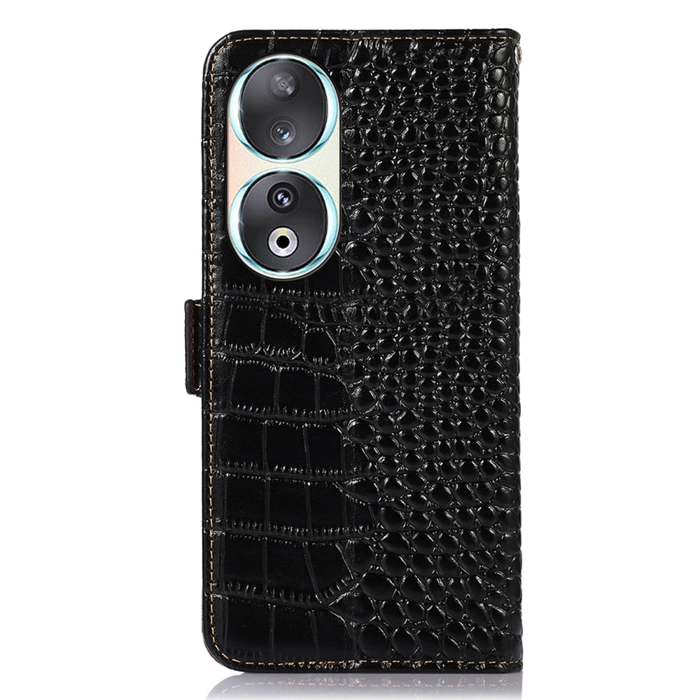 RFID Blocking Case for Honor 90 Genuine Cow Leather Phone Wallet Cover with Stand