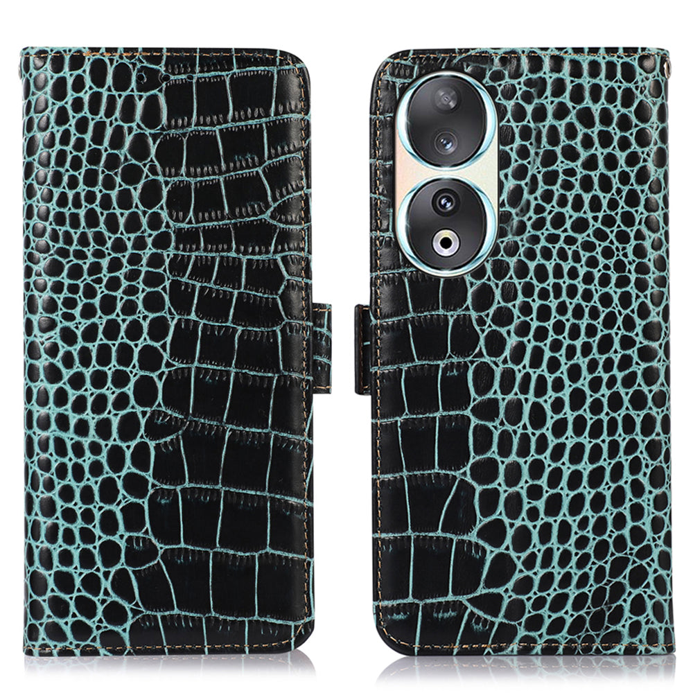 RFID Blocking Case for Honor 90 Genuine Cow Leather Phone Wallet Cover with Stand