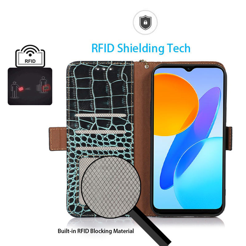RFID Blocking Case for Honor 90 Genuine Cow Leather Phone Wallet Cover with Stand