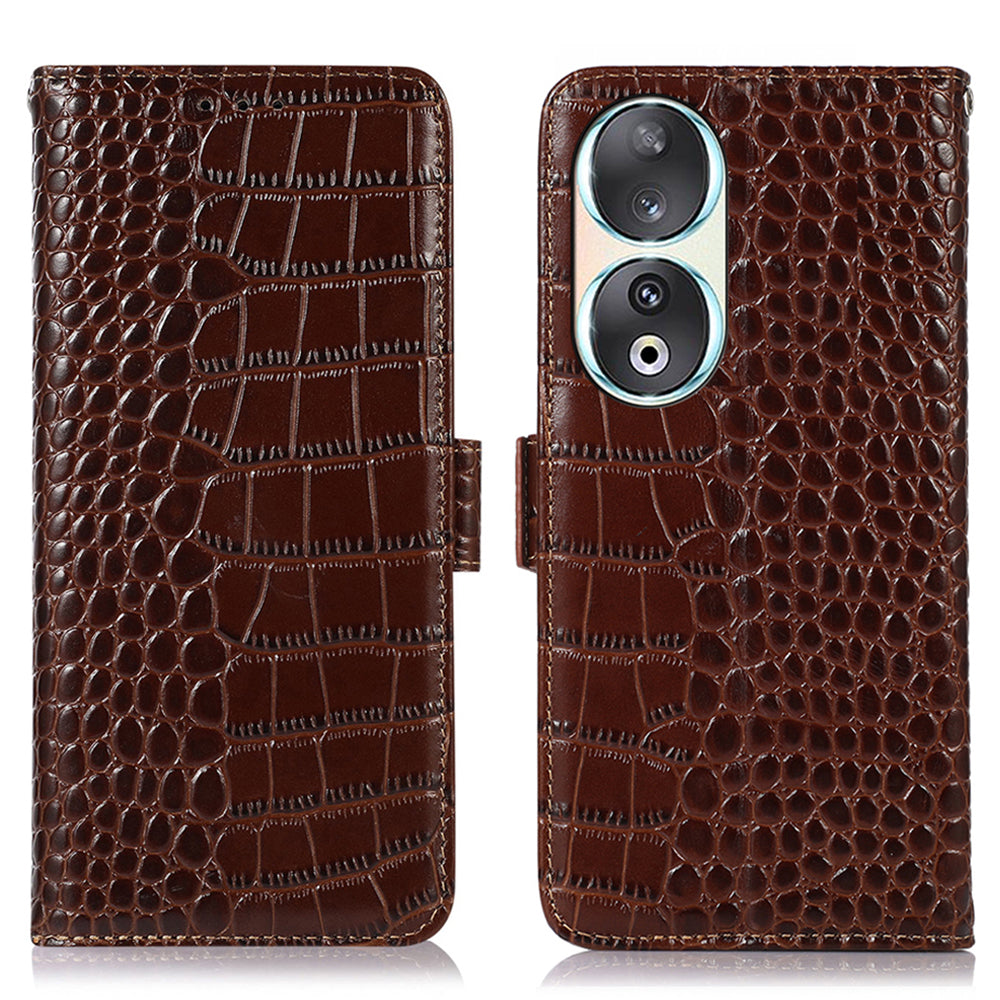 RFID Blocking Case for Honor 90 Genuine Cow Leather Phone Wallet Cover with Stand