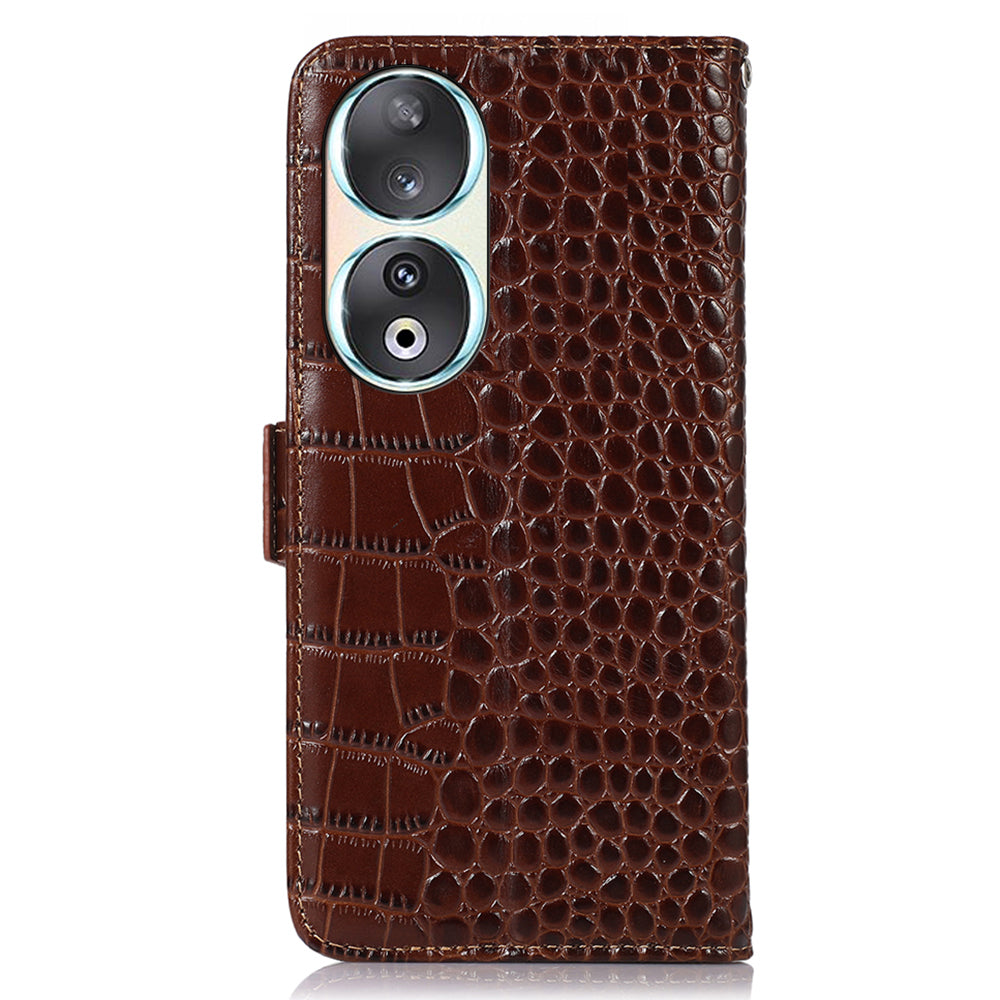 RFID Blocking Case for Honor 90 Genuine Cow Leather Phone Wallet Cover with Stand