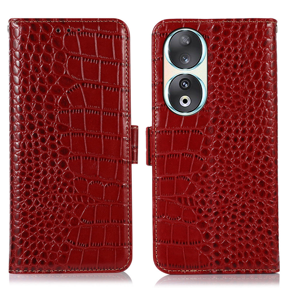 RFID Blocking Case for Honor 90 Genuine Cow Leather Phone Wallet Cover with Stand