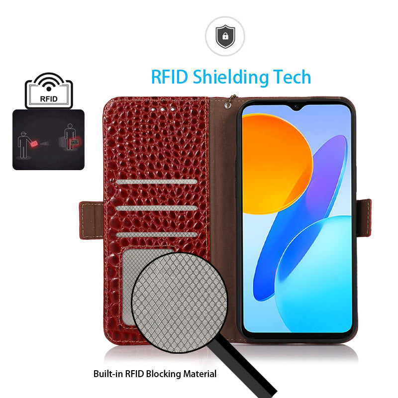 RFID Blocking Case for Honor 90 Genuine Cow Leather Phone Wallet Cover with Stand