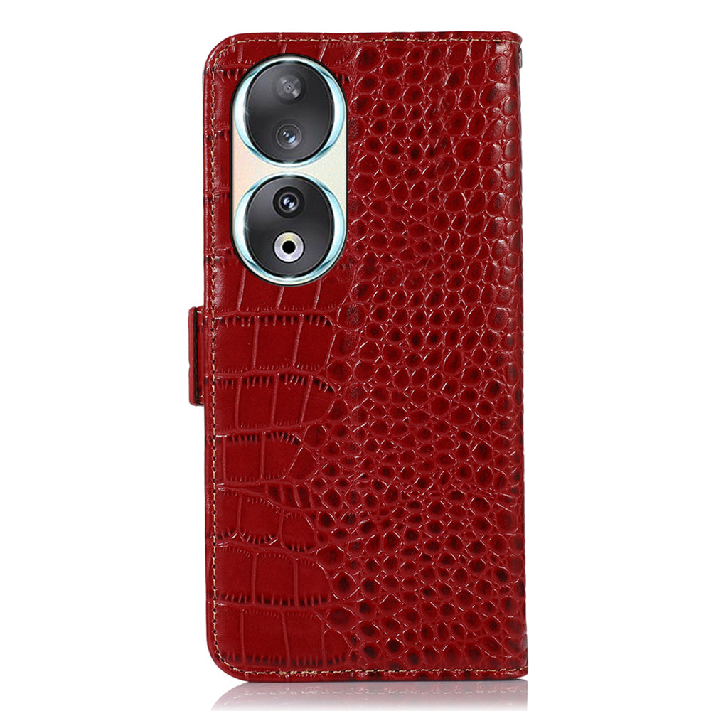 RFID Blocking Case for Honor 90 Genuine Cow Leather Phone Wallet Cover with Stand