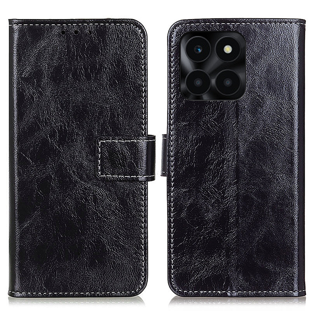 For Honor X6a 4G PU Leather Wallet Stand Shell Retro Crazy Horse Texture Phone Cover