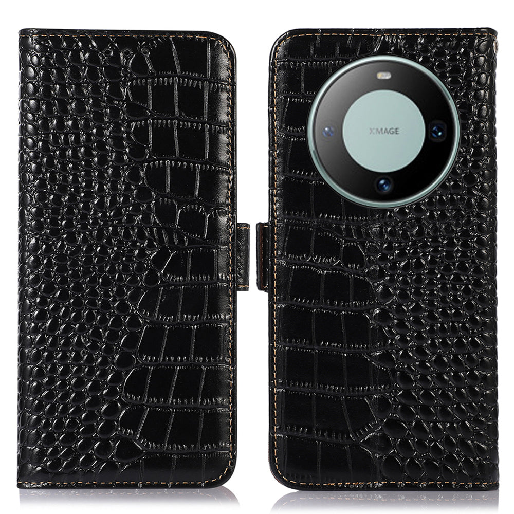 RFID Blocking Wallet Case for Huawei Mate 60 Crocodile Texture Genuine Cow Leather Phone Cover