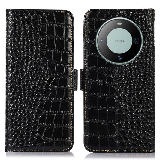 RFID Blocking Wallet Case for Huawei Mate 60 Crocodile Texture Genuine Cow Leather Phone Cover