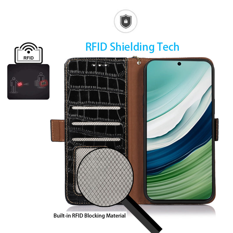 RFID Blocking Wallet Case for Huawei Mate 60 Crocodile Texture Genuine Cow Leather Phone Cover
