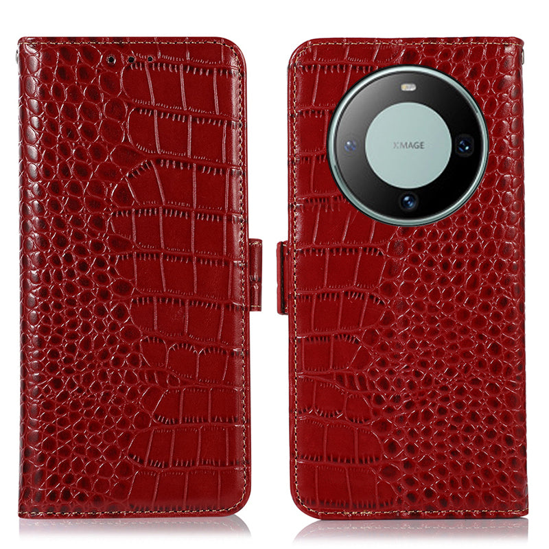 RFID Blocking Wallet Case for Huawei Mate 60 Crocodile Texture Genuine Cow Leather Phone Cover