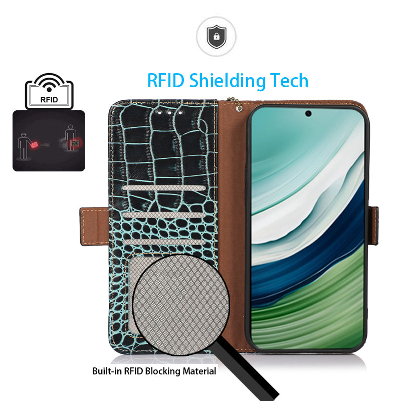 RFID Blocking Wallet Case for Huawei Mate 60 Crocodile Texture Genuine Cow Leather Phone Cover