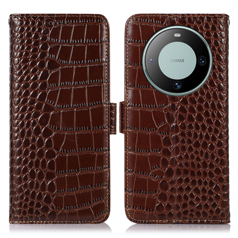 RFID Blocking Wallet Case for Huawei Mate 60 Crocodile Texture Genuine Cow Leather Phone Cover