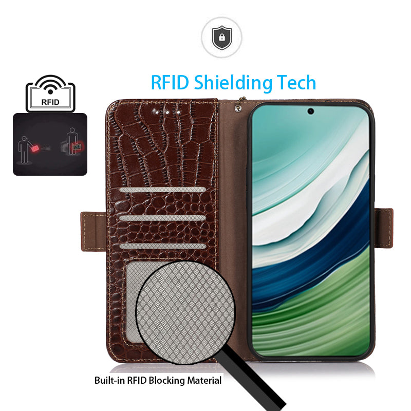 RFID Blocking Wallet Case for Huawei Mate 60 Crocodile Texture Genuine Cow Leather Phone Cover