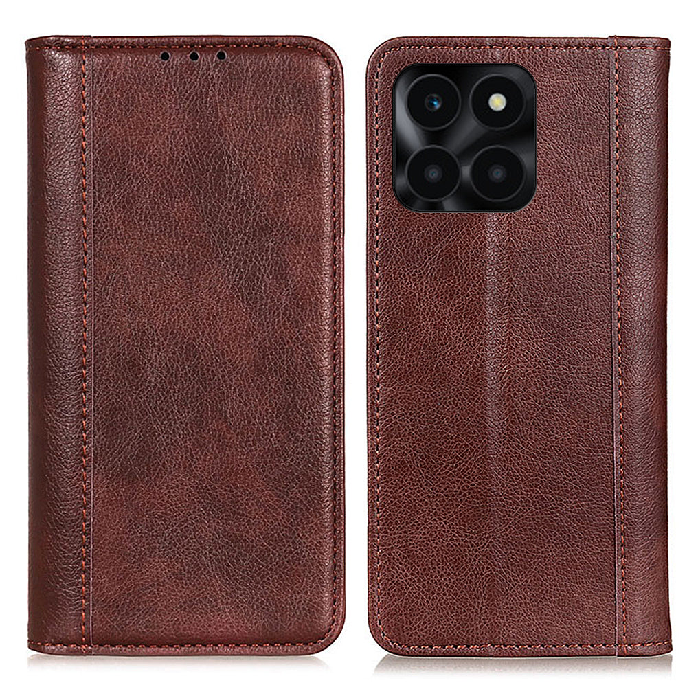 For Honor X6a 4G Anti-Scratch Split Leather Cover Litchi Texture Phone Case Wallet Stand Protection Shell