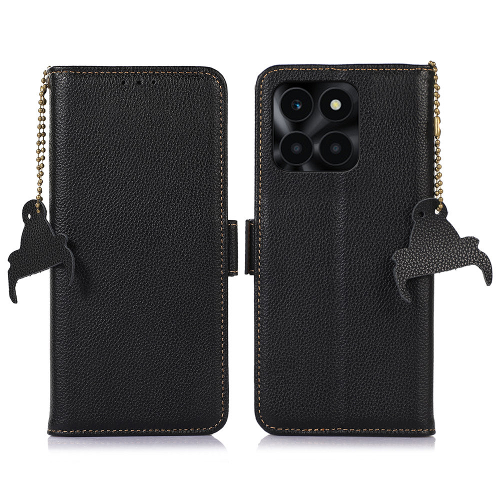 For Honor X6a 4G RFID Blocking Phone Wallet Case Genuine Cow Leather Cover with Stand