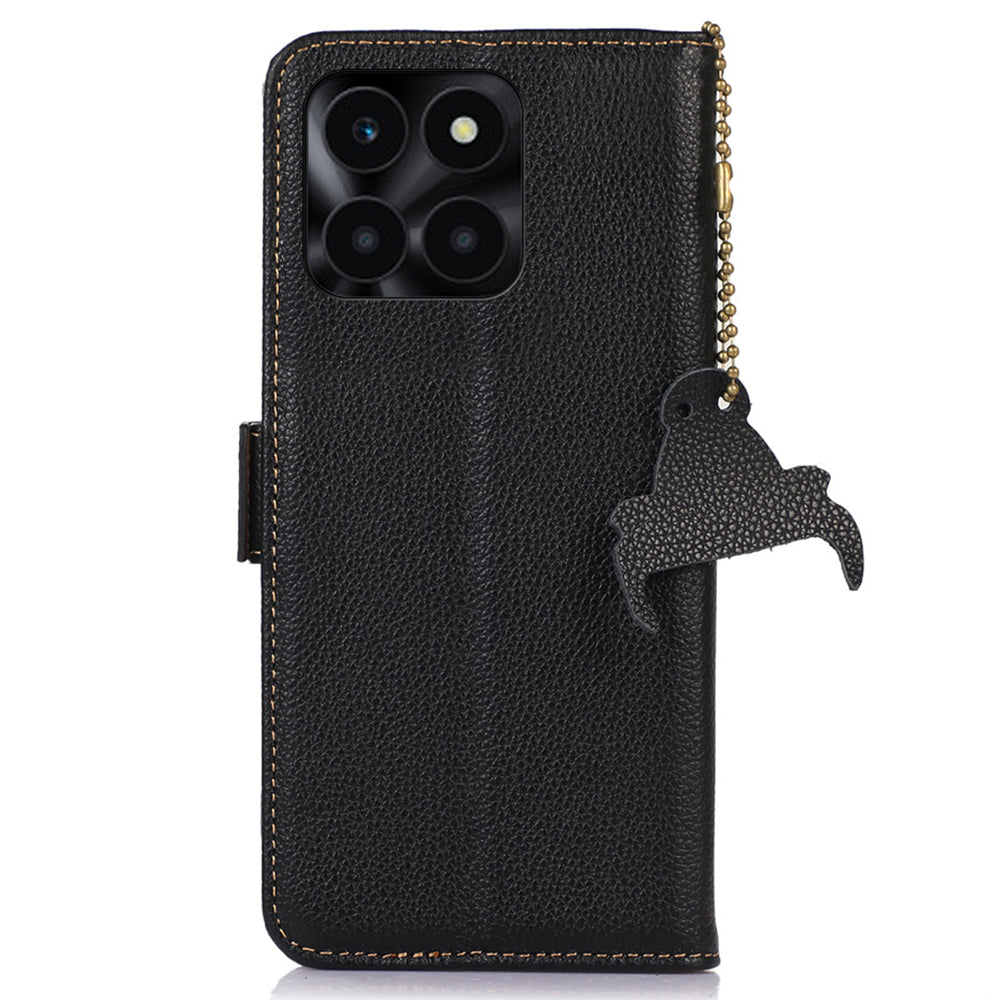 For Honor X6a 4G RFID Blocking Phone Wallet Case Genuine Cow Leather Cover with Stand