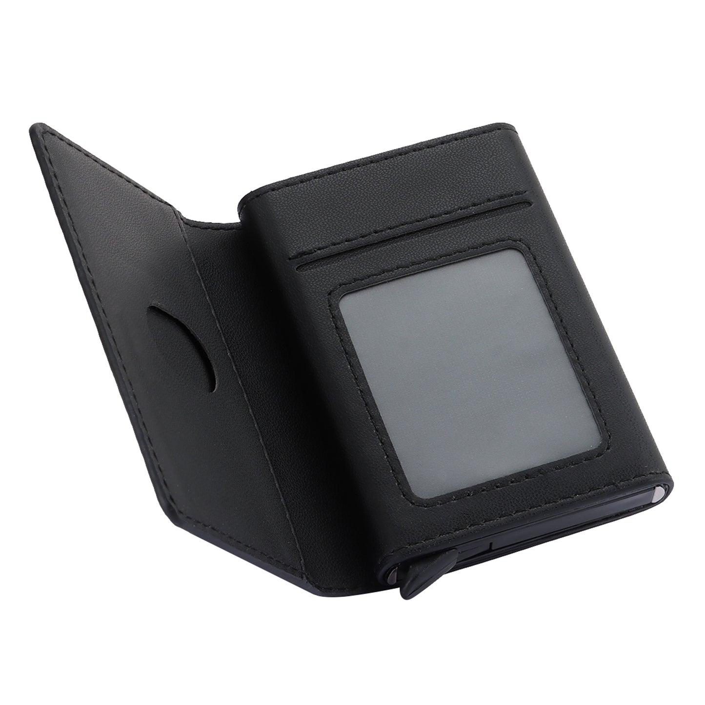 RFID Blocking Automatic Pop Up Card Case PU Leather + Metal Credit Card Holder Purse Wallet