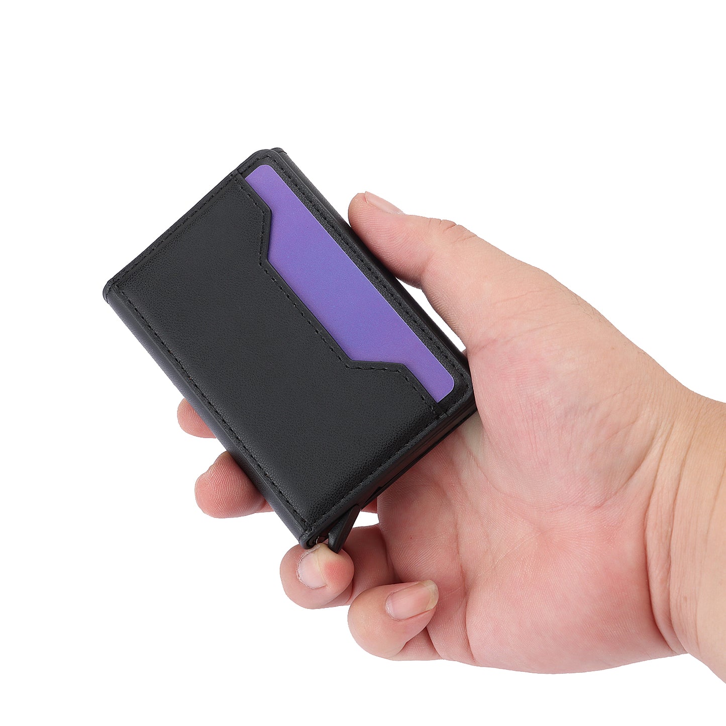 RFID Blocking Automatic Pop Up Card Case PU Leather + Metal Credit Card Holder Purse Wallet