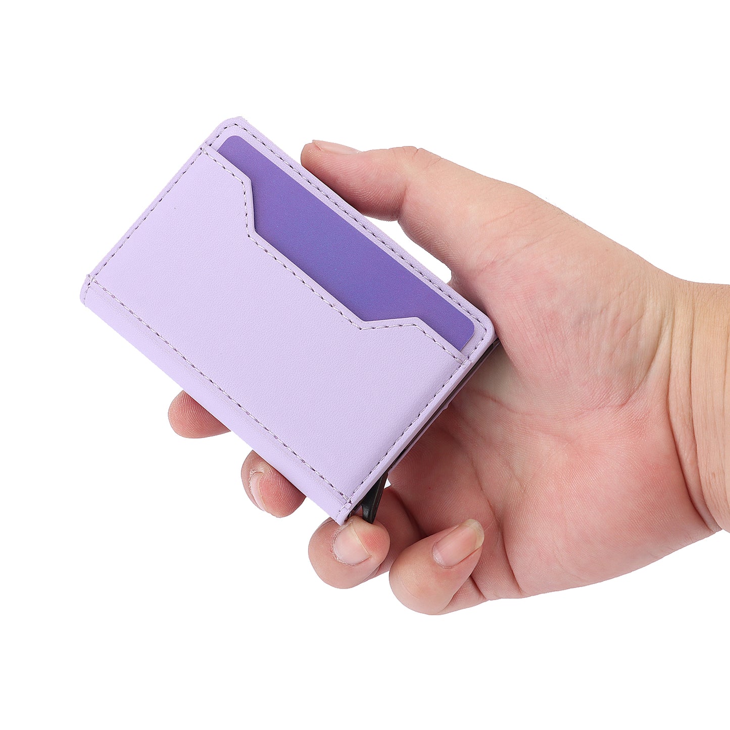 RFID Blocking Automatic Pop Up Card Case PU Leather + Metal Credit Card Holder Purse Wallet