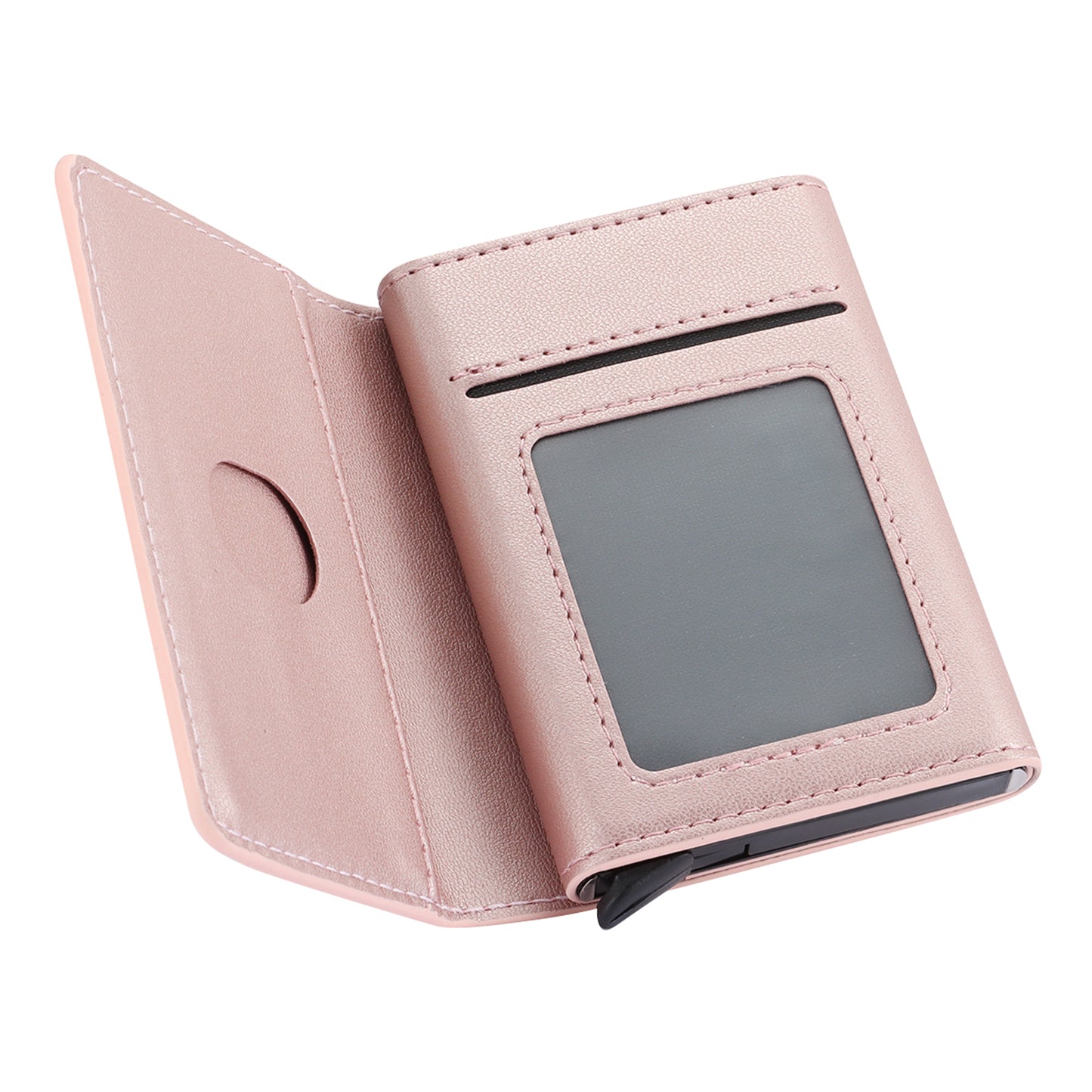 RFID Blocking Automatic Pop Up Card Case PU Leather + Metal Credit Card Holder Purse Wallet