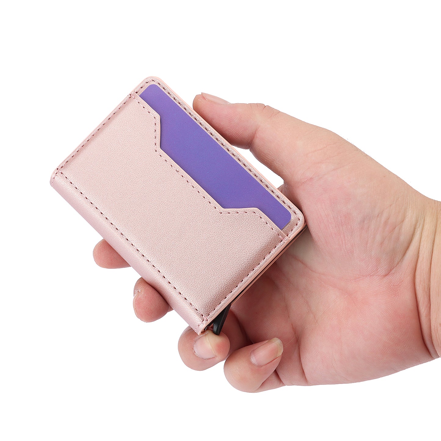 RFID Blocking Automatic Pop Up Card Case PU Leather + Metal Credit Card Holder Purse Wallet