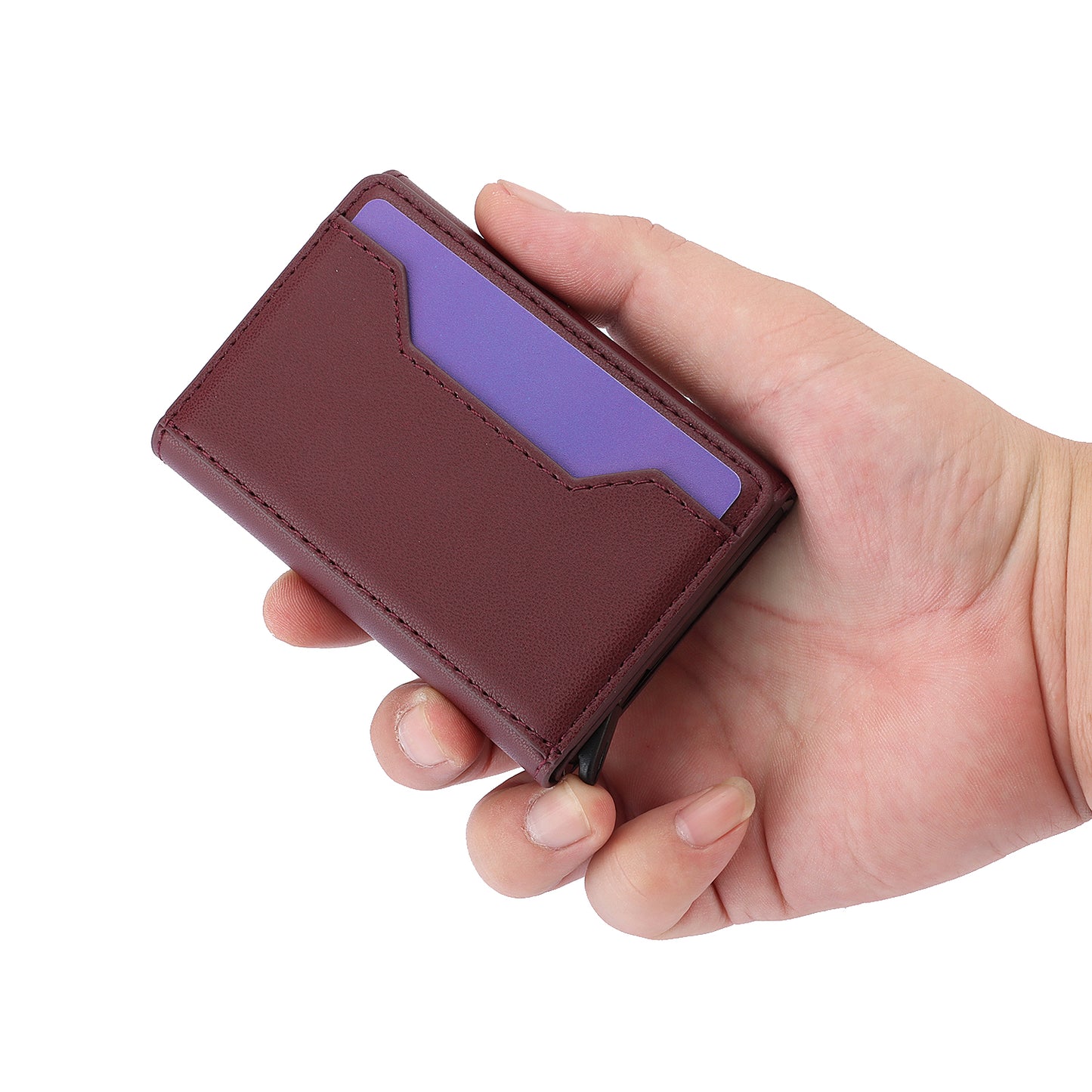 RFID Blocking Automatic Pop Up Card Case PU Leather + Metal Credit Card Holder Purse Wallet