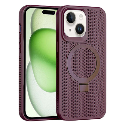 For iPhone 15 Plus Breathable Heat Dissipation Phone Case Kickstand Rubberized TPU Magnetic Cover