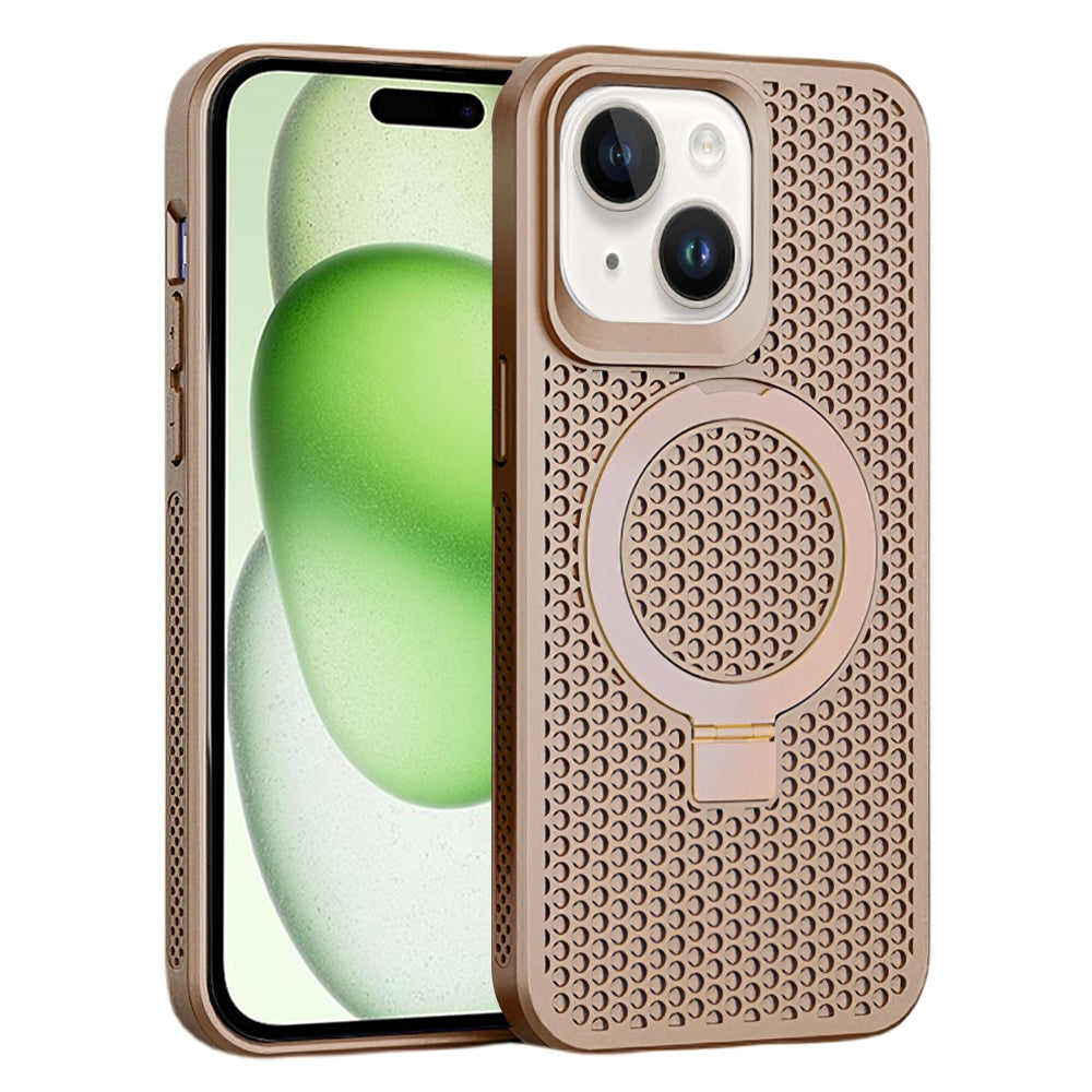 For iPhone 15 Plus Breathable Heat Dissipation Phone Case Kickstand Rubberized TPU Magnetic Cover