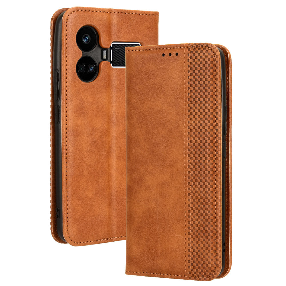 For Realme GT5 5G Retro PU Leather Wallet Case Folding Stand Drop-proof Phone Cover